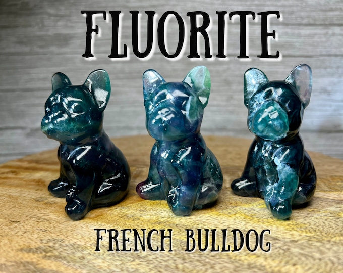 Blue Fluorite French Bulldog Carving, Blue Purple Fluorite Frenchie, Crystal French Bulldog Carving