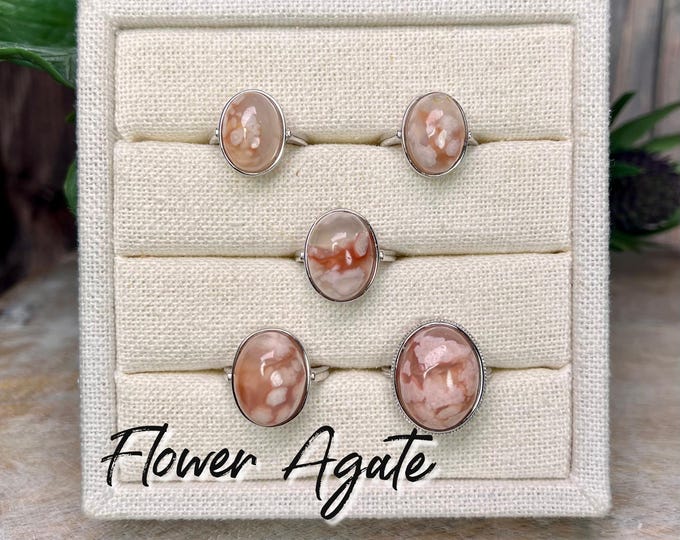 Flower Agate Ring, Cherry Blossom, Sakura, Pink Flower Agate Ring, 925 Sterling Silver Adjustable Band