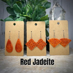 Red Jadeite Dangle Earrings, Red Jadeite Dangle Earrings, 925 Silver