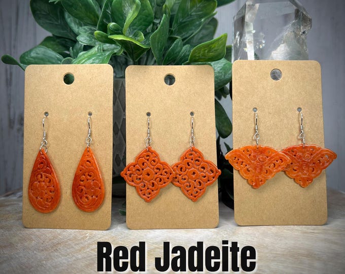 Red Jadeite Dangle Earrings, Red Jadeite Dangle Earrings, 925 Silver