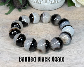 Banded Black & White Half-Bowl Agate Bracelet, 18mm Round Beads, Agate Bracelet, Grounding and Protective Crystal