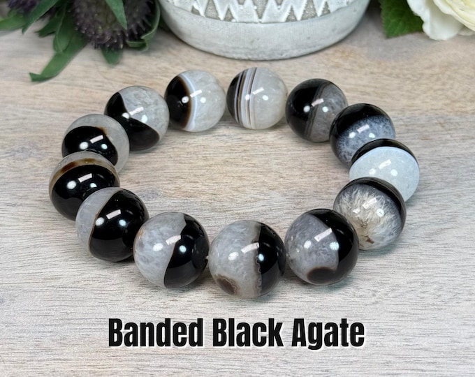 Banded Black & White Half-Bowl Agate Bracelet, 18mm Round Beads, Agate Bracelet, Grounding and Protective Crystal