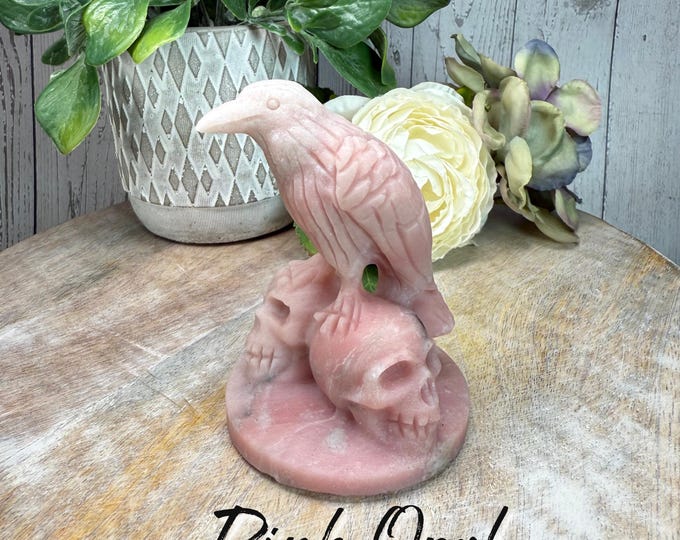 Pink Opal Raven on Double Skulls Carving, Pink Opal Raven, Crystal Crow Carving