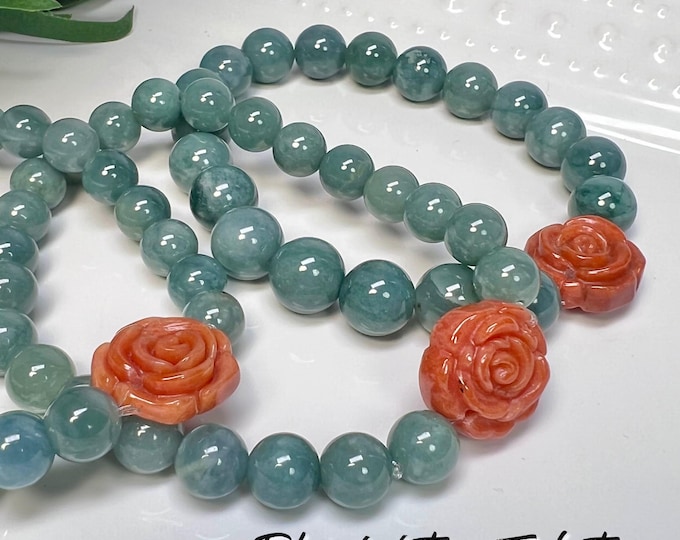 Blue Water Jadeite Bracelet with Orange Jadeite Flower, Jadeite Jewelry, 8mm or 10mm Round Beads