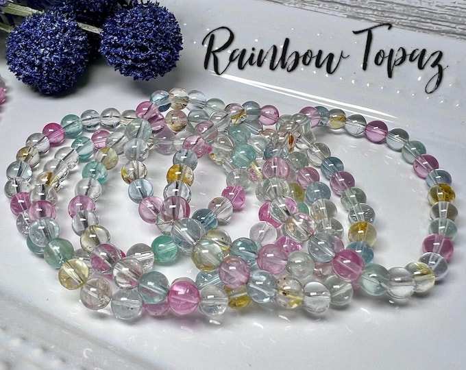 Rainbow Topaz Bracelet, Pink Blue Green Yellow White Topaz, 6-7mm Round Bead Bracelet, Stretchy Bracelet