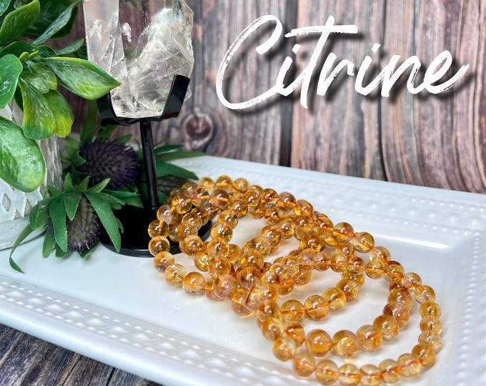 Citrine Bracelet with Rainbow Inclusions, Natural Citrine Crystal Bracelet, 7-8mm 9-10mm 10-11mm Round Beads (2)