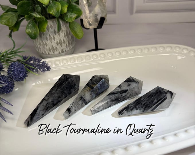 Black Tourmaline in Quartz Wand, Black Rutilated Quartz, Black Tourmaline