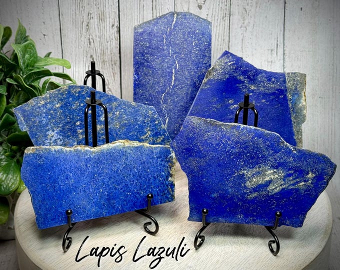 Lapis Lazuli with Pyrite Slab on Metal Stand, Lapis Lazuli Crystal Slab, Thin Lapis Lazuli Slice, "Wisdom Keeper" Stone, Third Eye Chakra