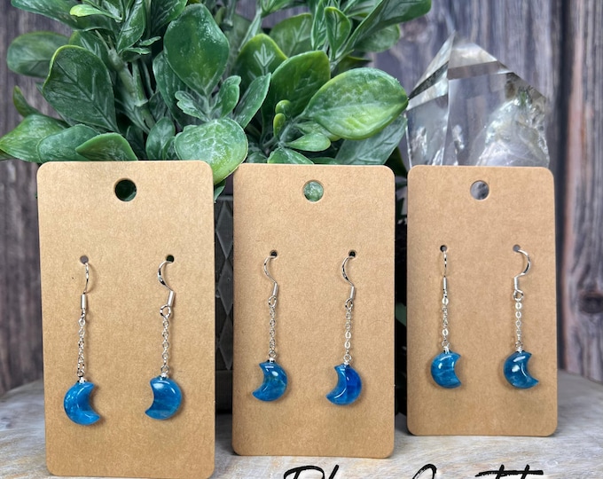 Blue Apatite Moon Earrings, Crystal Drop Earrings, Crystal Moon Dangle Earrings, Blue Apatite Earrings, 925 Silver Earring Setting