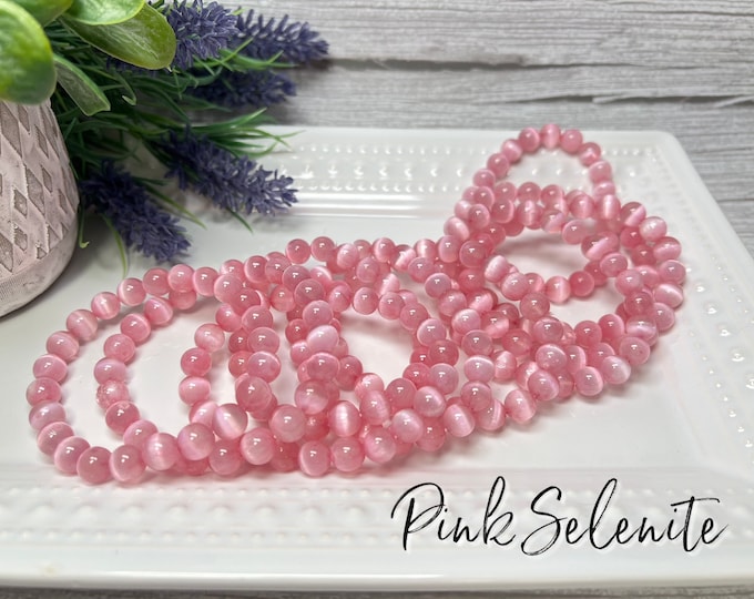 Pink Selenite Bracelet, Candy Pink Selenite Crystal Bracelet, Cat Eye Selenite Crystal Bracelet, Pink Selenite 8-9mm Bracelet