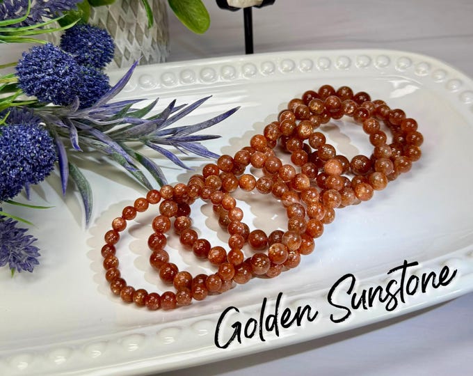 Flashy Golden Sunstone Bracelet, Sunstone Jewelry, Rainbow Confetti Sparkles, 6-7mm or 8-9mm or 9-10mm or 11mm Round Beads