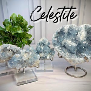 May include: Four light blue celestite crystal clusters displayed on metal stands. The largest cluster is heart-shaped and sits on a circular metal base, while three smaller, irregular clusters are mounted on clear square acrylic bases.