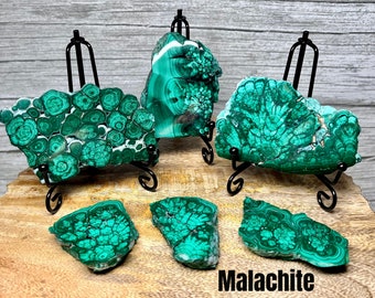 Malachite Slab, Small Polished Malachite Slice, Malachite Carving, Metal Stand Included (12)