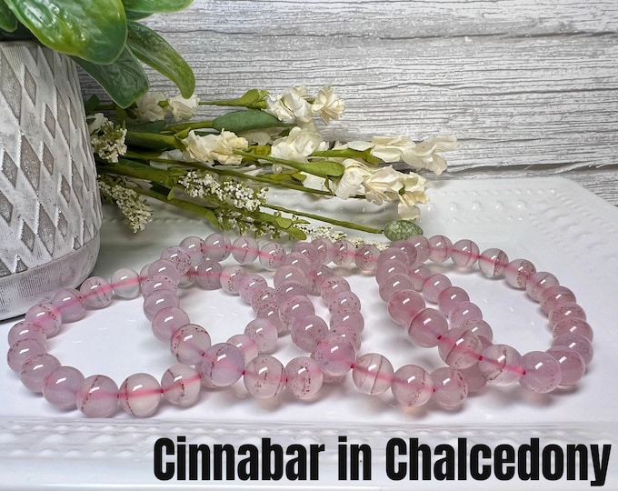 Cinnabar in Chalcedony Bracelet, Floating Dotted Cinnabar Chalcedony Bracelet, Cinnabar Bracelet, 10mm Round Beads