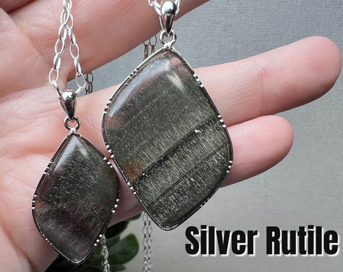 Silver Needle Rutilated Quartz Pendant, Silver Rutile, Silver Needle, Rutilated Quartz, 925 Sterling Silver 24" Chain