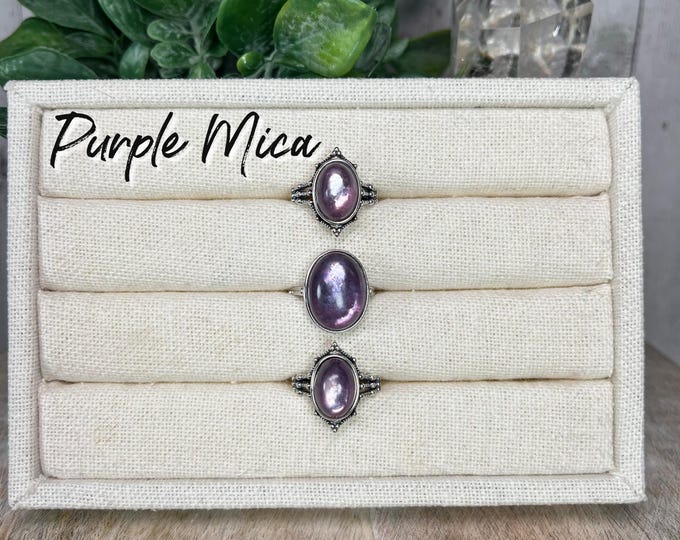 Purple Mica Ring, Gem Lepidolite Ring, Flashy Mica, 925 Adjustable Silver Ring Setting