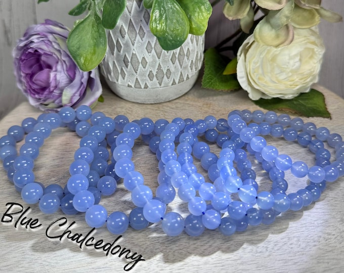 Blue Chalcedony Bracelet, Chalcedony Crystal Bracelet, 8mm or 10mm Round Beads