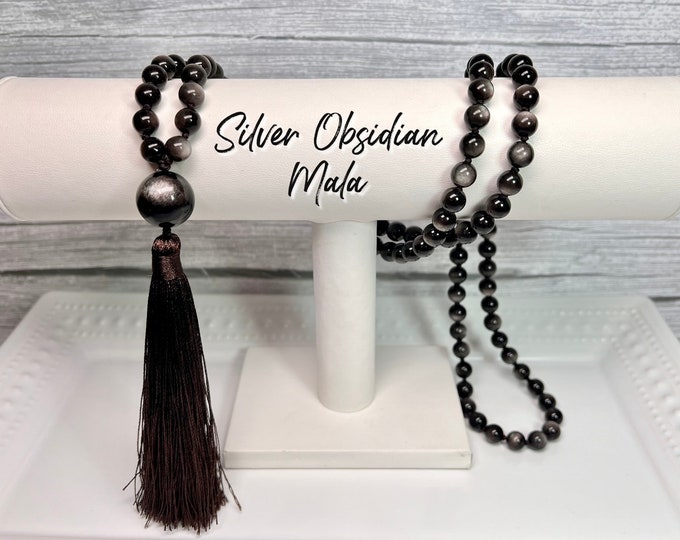 Silver Obsidian 108 Bead Mala Necklace, Silver Sheen Obsidian Guru Bead, Meditation Beads, Prayer/Meditation Beads