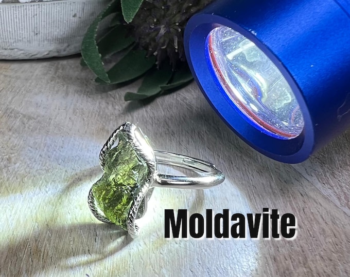 Natural Genuine Moldavite Ring, Raw Stone Moldavite Ring, 925 Silver Adjustable Ring Setting