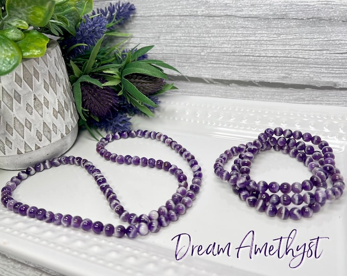 Dream Amethyst Bracelet,  Chevron Amethyst Bracelet, 22" Necklace OR Bracelet Wrapped 3 Times, Wrap Bracelet, 6-7mm Round Beads, Elastic