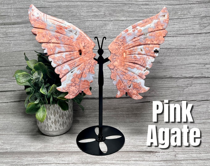 Beautiful Pink Agate Butterfly Wings, Druzy Pink Agate Butterfly Wings, Pink Crystal Butterfly Wings, Custom Metal Stand (2)