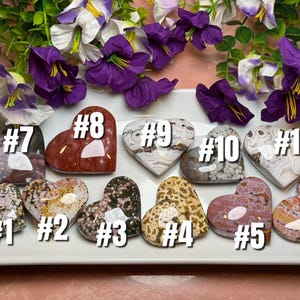 May include: Eleven heart-shaped stones in various colors and patterns are displayed on a white tray, each labeled with a number. The stones range from speckled to solid, with colors including red, brown, and gray. Purple and white flowers are in the background.