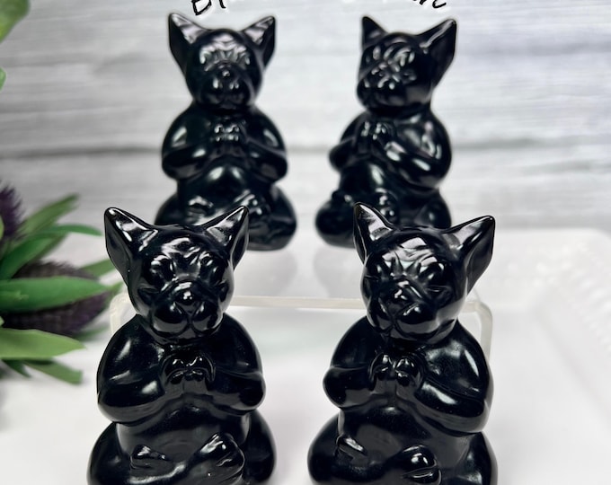 Black Obsidian Meditating French Bulldog Carving, Black Obsidian Frenchie, Black Obsidian Yoga French Bulldog Carving
