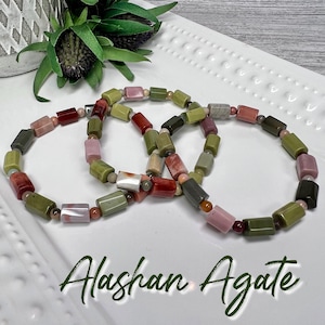 Colorful Alashan Agate Bracelet, Alashan Agate Barrel Beads Bracelet, Alxa Agate, Stretchy Bracelet