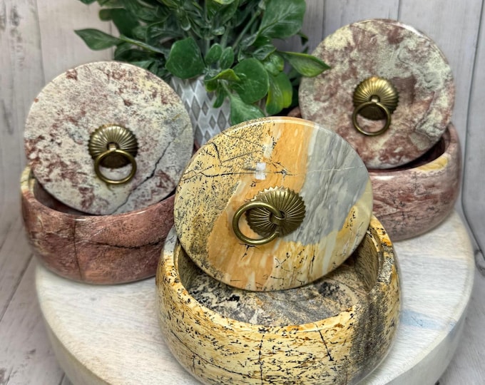 Painting Jasper Bowl with Lid, Picture Jasper, Landscape Jasper, Scenic Jasper, Trinket Bowl