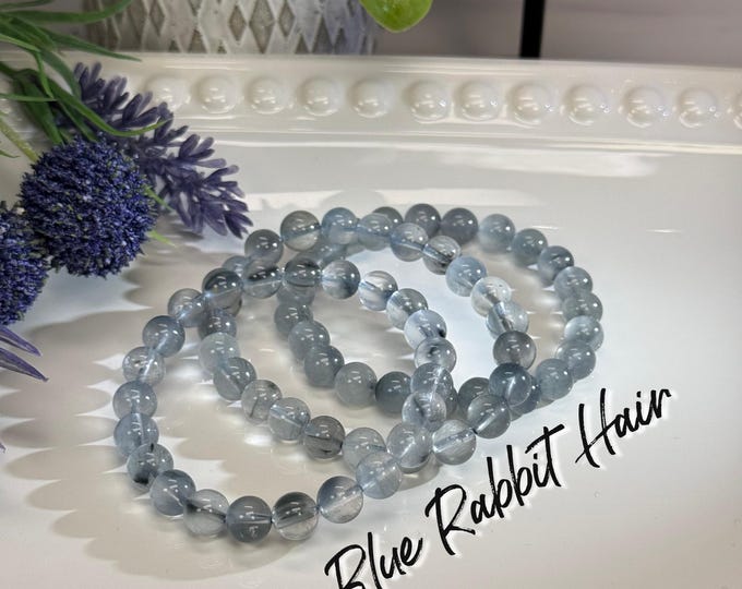 Blue Rabbit Hair Quartz Bracelet, 8mm Round Beads, Clear Quartz with Rabbit Hair Crystal Bracelet, Supports Inner Peace and Tranquility (#1)