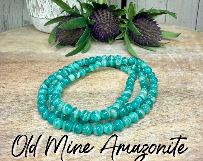 Old Mine Amazonite Wrap Bracelet, Can Be Worn as 21" Necklace OR Bracelet Wrapped 3 Times, 5mm Beads, Elastic String