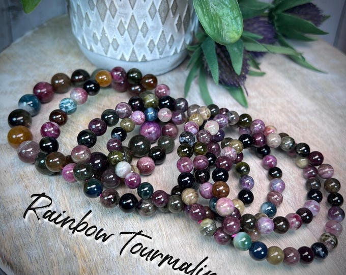 Rainbow Tourmaline Bracelet, Tourmaline Bracelet, Round Beads, Pink Green Blue Yellow Tourmaline, 7-8mm or 8-9mm or 11-12mm Round Beads
