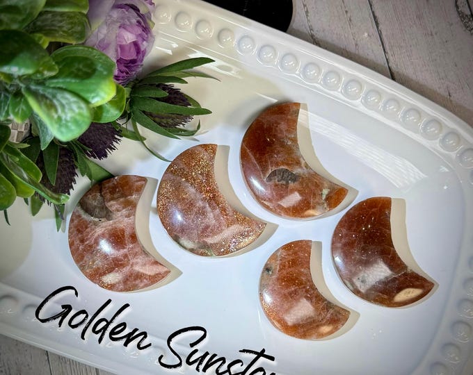Golden Sunstone Moon Carving, Golden Sunstone, Rainbow Glitter Flash Golden Sunstone Crescent Moon