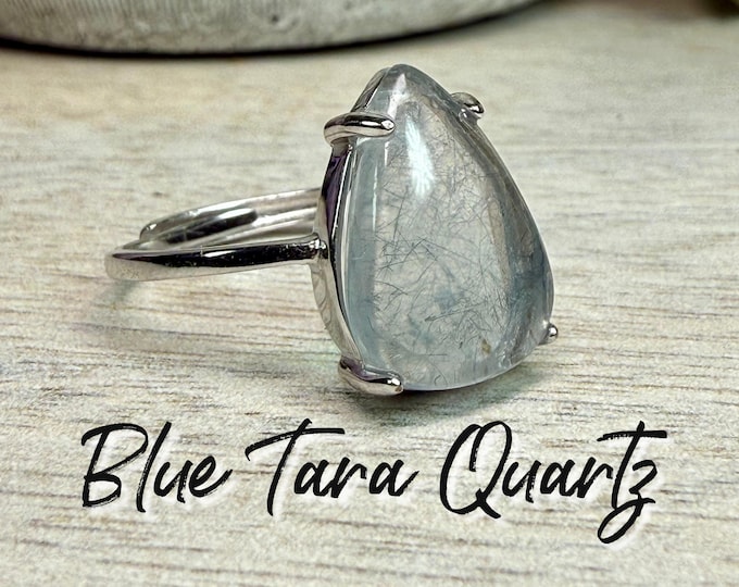 Blue Tara Quartz Ring, Nightshade Quartz Ring, Quartz with Blue Fibrous Rutile Inclusions, 925 Silver Adjustable Band
