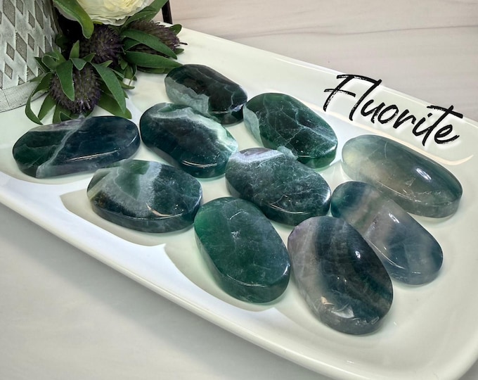 Fluorite Palm Stone, Blue Green Fluorite Crystal Palm Stone