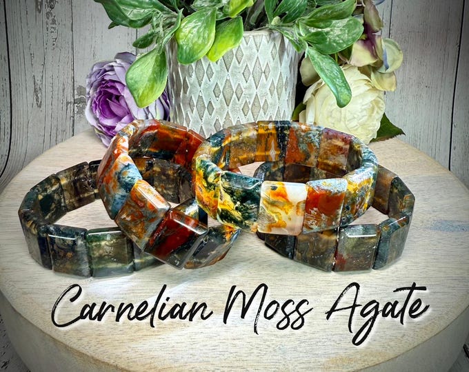 Carnelian Moss Agate Bracelet, Carnelian and Moss Agate Soft Bangle Bracelet, Red Moss Agate Bracelet, Moss Agate Bracelet