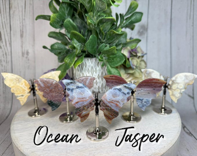 Small Crystal Butterfly on Stand, Ocean Jasper Crystal Butterfly Wings on Metal Stand