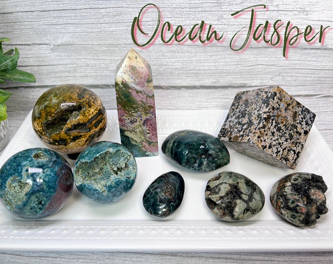 Druzy Ocean Jasper, Ocean Jasper Sphere, Ocean Jasper Tower, Ocean Jasper Palm Stone, Ocean Jasper Cube