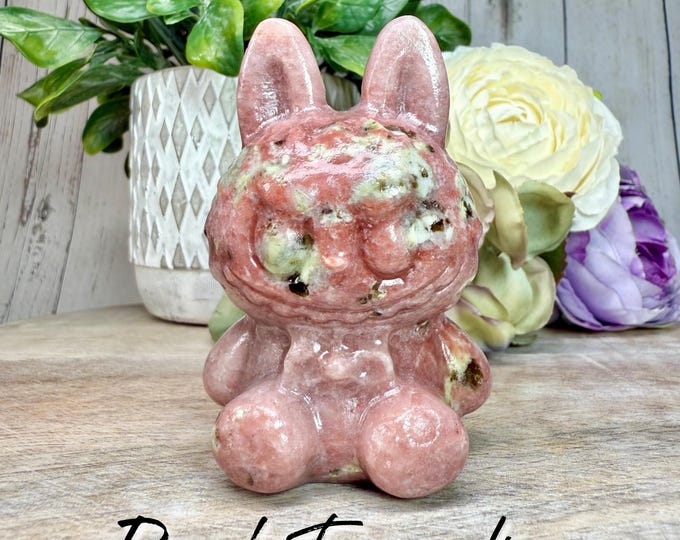 Peach Blossom Tourmaline Stone Labubu Carving, Crystal Labubu Carving, The Monsters Labubu Figurine