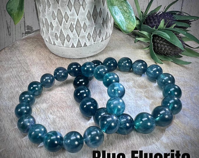 Blue Fluorite Bracelet, Fluorite Bracelet, Blue Crystal Bracelet, 12mm or 13-14mm Round Beads