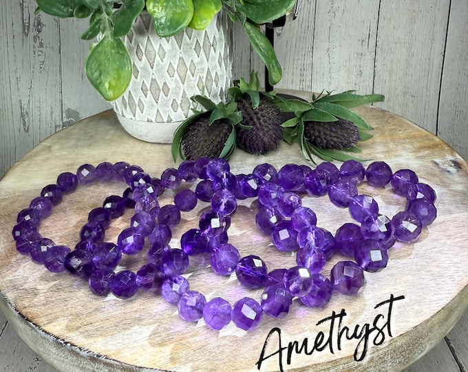 Deep Purple Amethyst Bracelet, Amethyst Quartz Crystal Bracelet, 10-11mm or 12-13mm Facet Beads