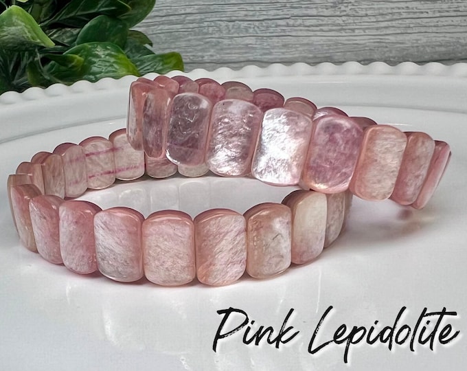 Beautiful Flashy Pink Mica Bracelet, Pink Lepidolite Soft Bangle Bracelet, Oval Rectangle Bead, Elastic and Stretchy