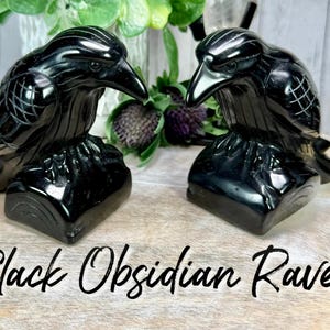 May include: Two polished black obsidian raven sculptures. The ravens are perched on a base, with detailed carving on the wings. The text "Black Obsidian Raven" is written in a script font below the ravens.