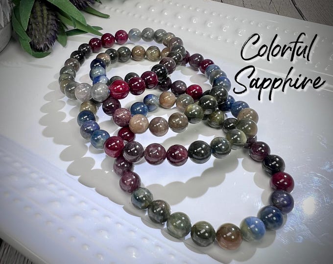 Colorful Sapphire with Ruby Bracelet, Multi-Color Sapphire and Ruby Crystal Bracelet, 8mm Round Beads