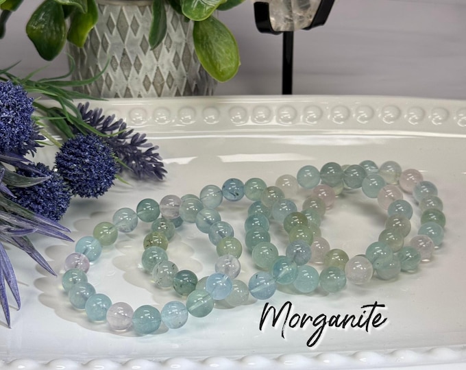 Morganite Bracelet, Beryl Morganite Aquamarine, Round Beads & Elastic String, 10-11mm