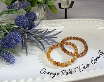 Orange Rabbit Hair Quartz, 7-8mm Round Beads, Red/Orange/Yellow Rabbit Hair Inclusions, Supports Inner Peace and Tranquility