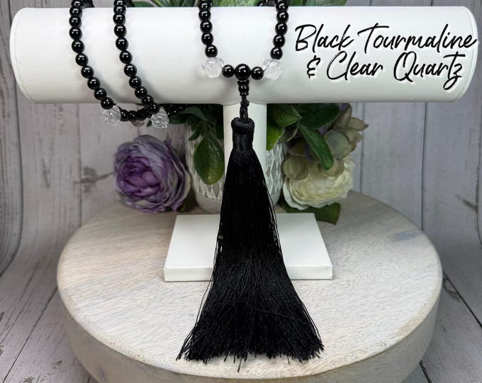 Black Tourmaline 108 Bead Mala Necklace, Clear Quartz Rose Beads, Meditation Beads, Prayer/Meditation Beads