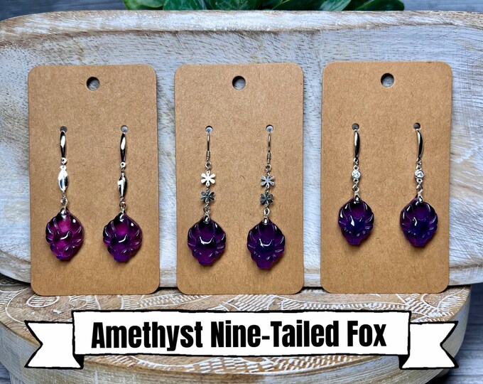 Amethyst Nine-Tailed Fox Dangle Earrings, Amethyst Carving Earrings, Amethyst Crystal Drop Earrings, 925 Silver