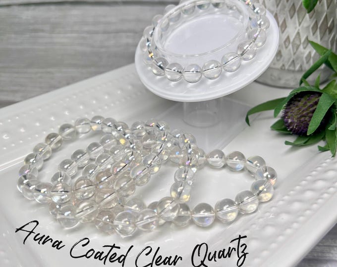 Aura Coated Clear Quartz Bracelet, Clear Quartz Crystal Bracelet, 9-10mm Round Beads