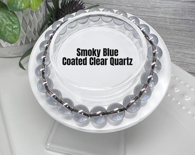 Smoky Blue Coated Clear Quartz Bracelet, Clear Quartz Crystal Bracelet, 8mm Round Beads